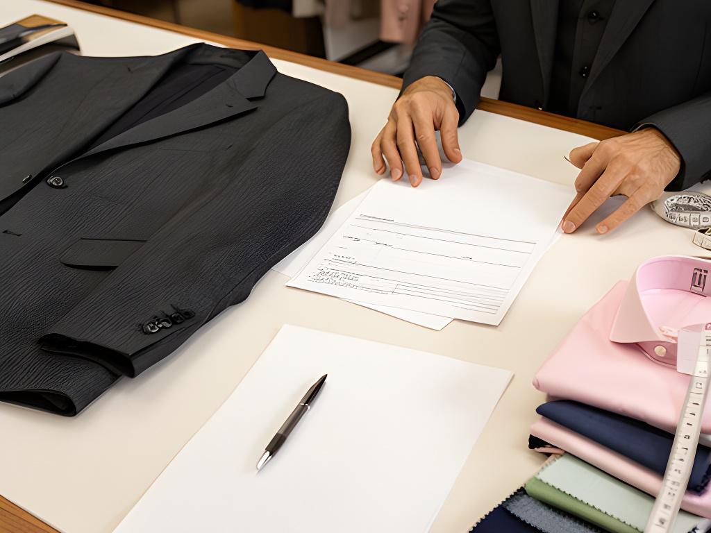 Client reviewing tailoring paperwork and privacy choices beside a finished charcoal suit