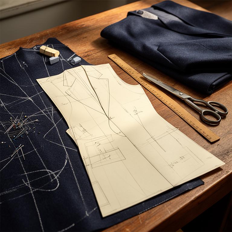 Paper suit pattern and chalked navy cloth spread across a tailor worktable
