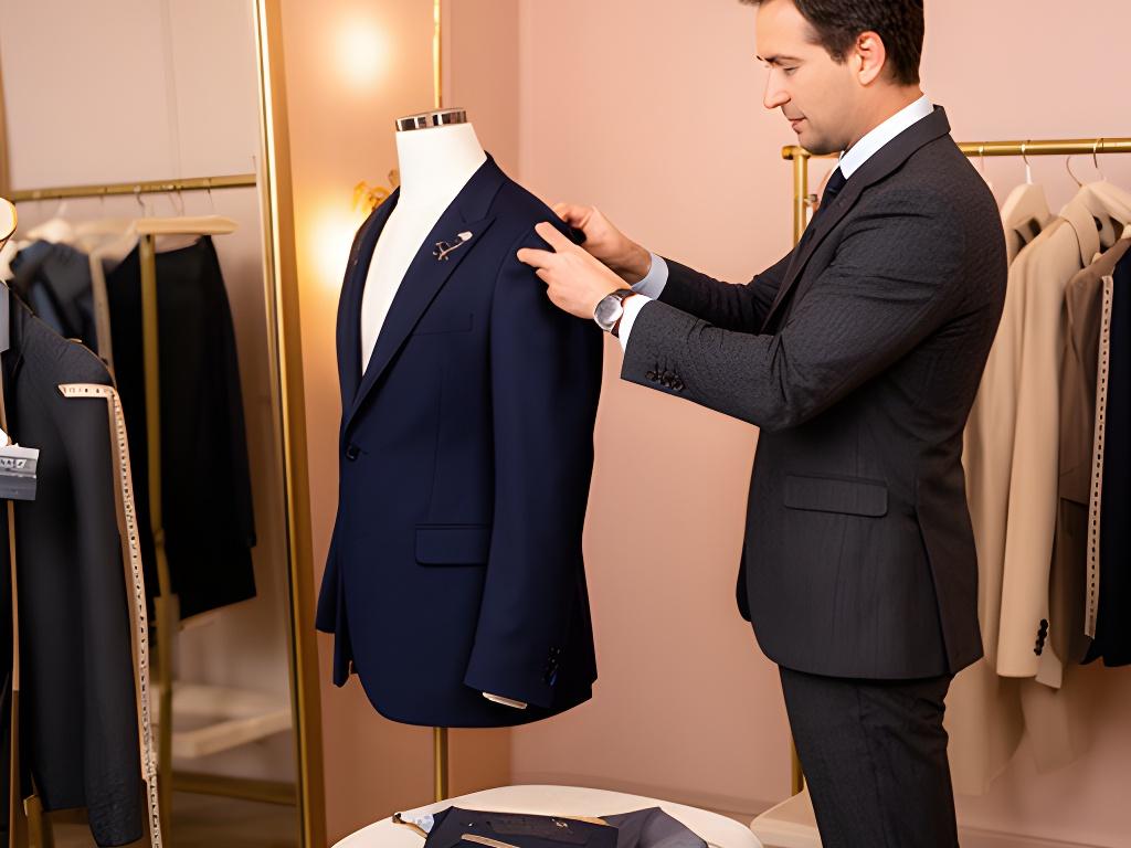 Customer trying on a navy jacket while a tailor checks the shoulder line in the fitting room