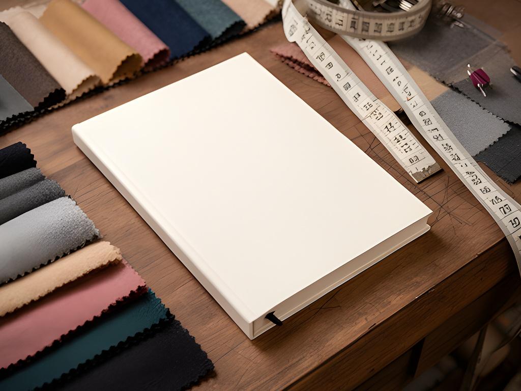 Tailoring notebook and fabric swatches beside a measuring tape on a workshop table