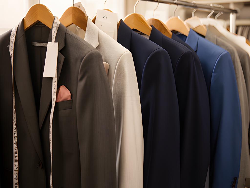 Wedding party suit jackets being prepared for fitting on wooden hangers