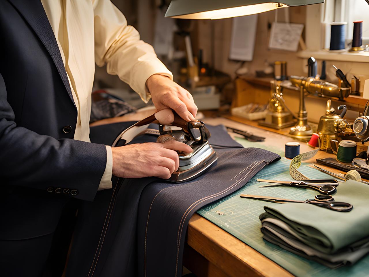 Tailor pressing a jacket sleeve at a workbench in the Peterswell Road workshop