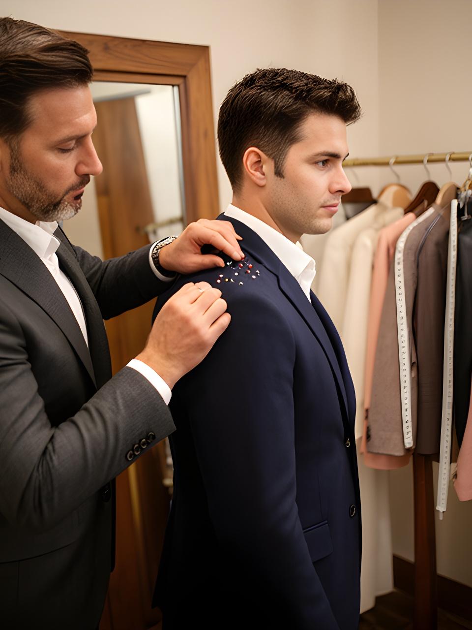 Tailor checking the shoulder fit of a navy jacket in a Barry fitting room