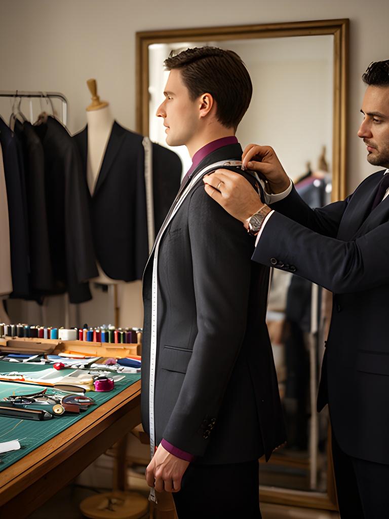 Tailor adjusting the shoulder of a dark suit on a customer inside a Barry workshop