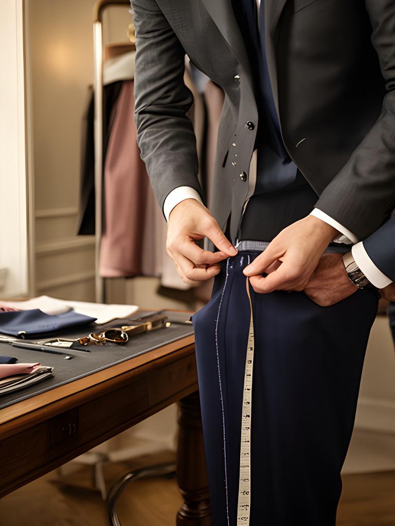 Tailor pinning the hem of a navy suit trouser in a Barry workroom