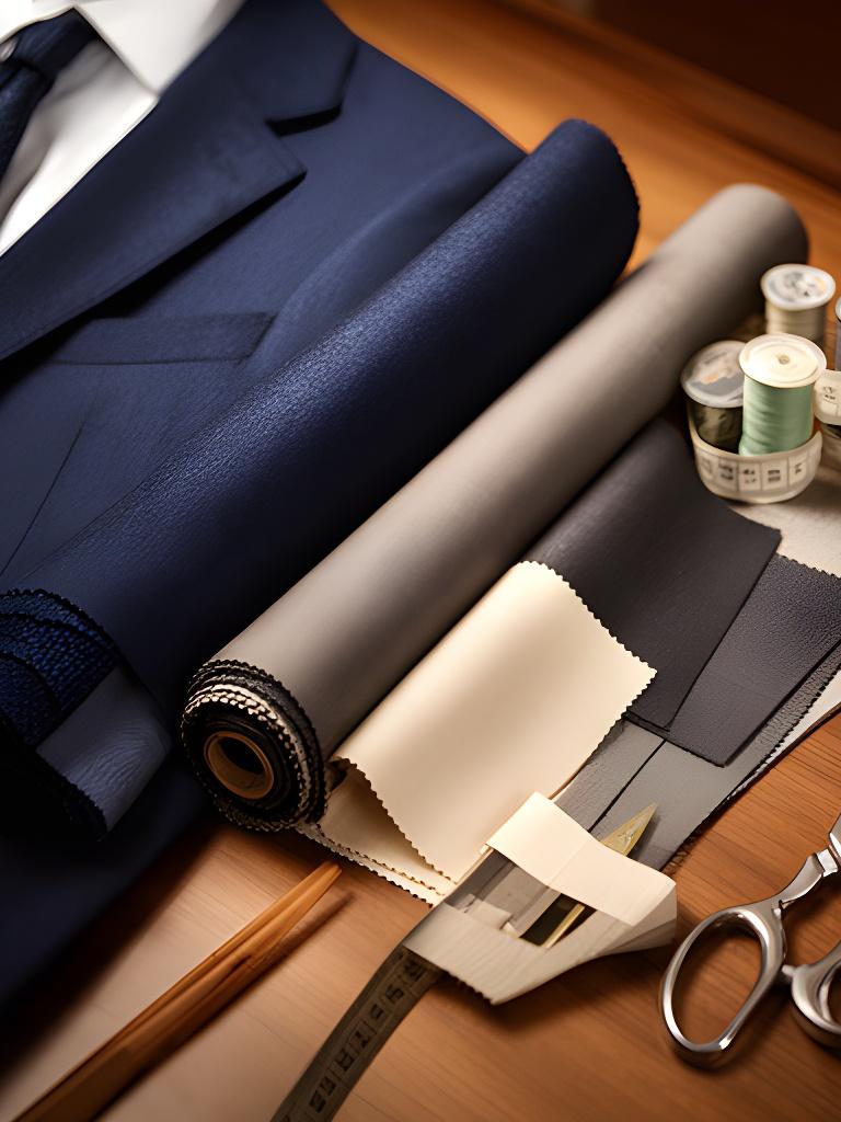 Close view of tailored suit cloth rolls and a navy jacket prepared for a private fitting