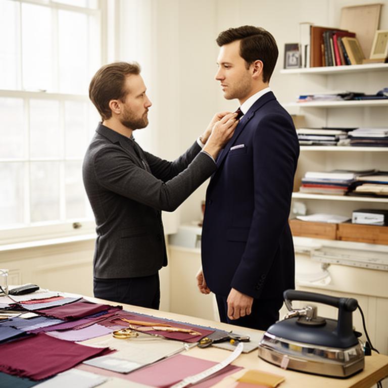 Tailor adjusting a dark navy suit on a client in a bright Barry workroom