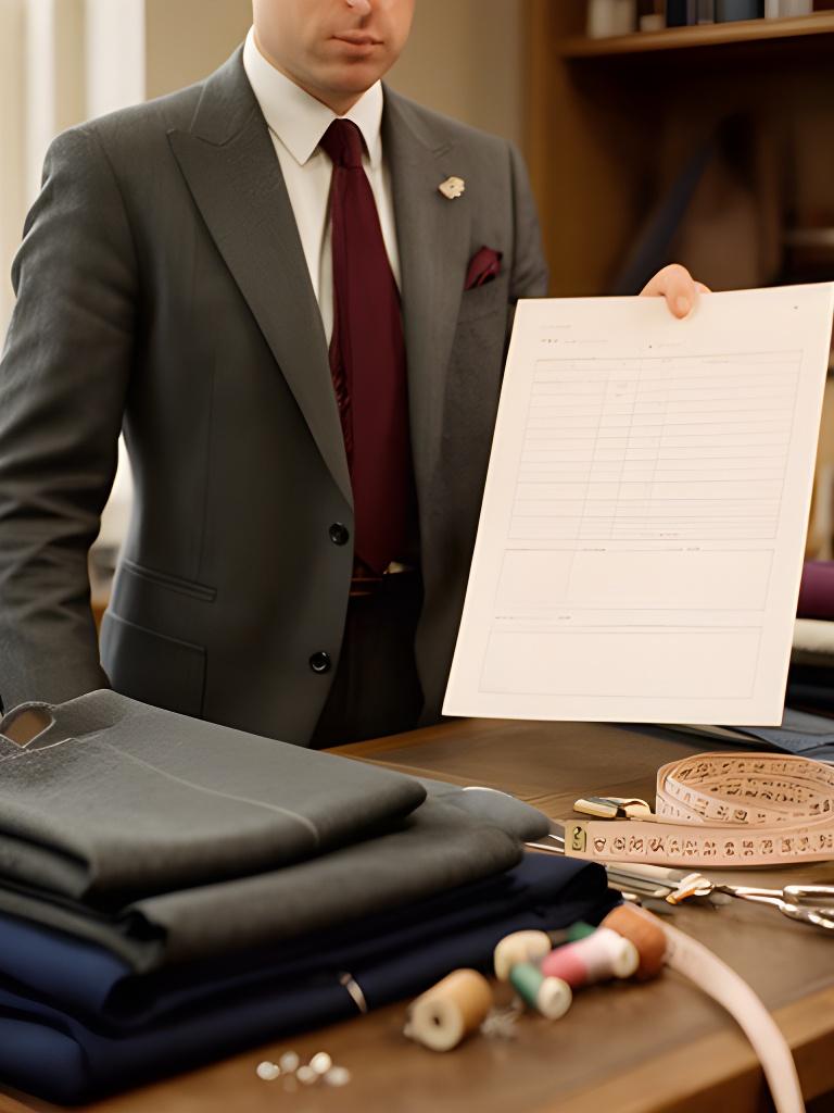 Tailor reviewing a written suit order beside folded cloth in a Barry workshop
