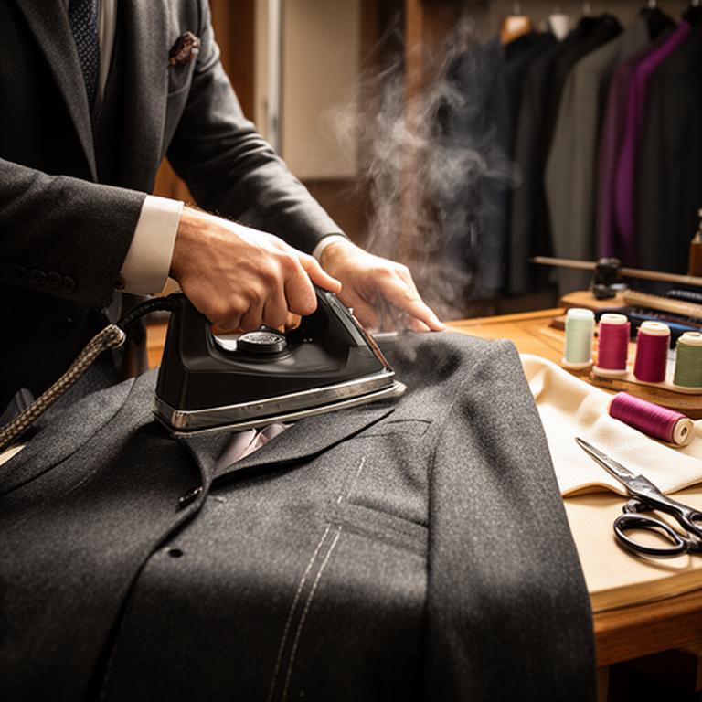 Close view of a tailor pressing a charcoal jacket in the Barry workroom