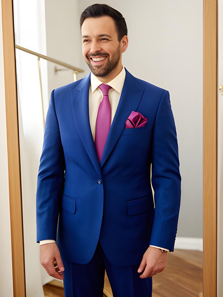 Customer checking the fit of a finished blue suit jacket in a bright fitting room