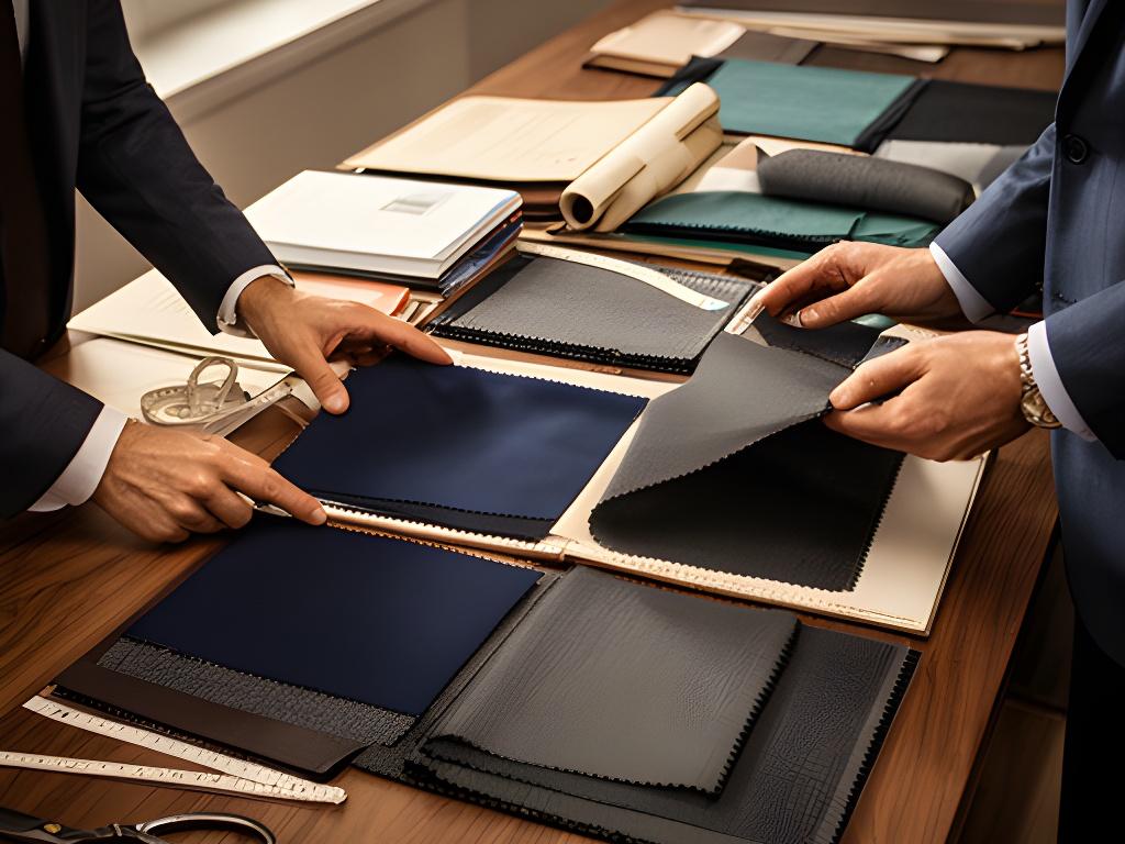 Customer and tailor comparing navy and charcoal cloth samples across a wooden tailoring table