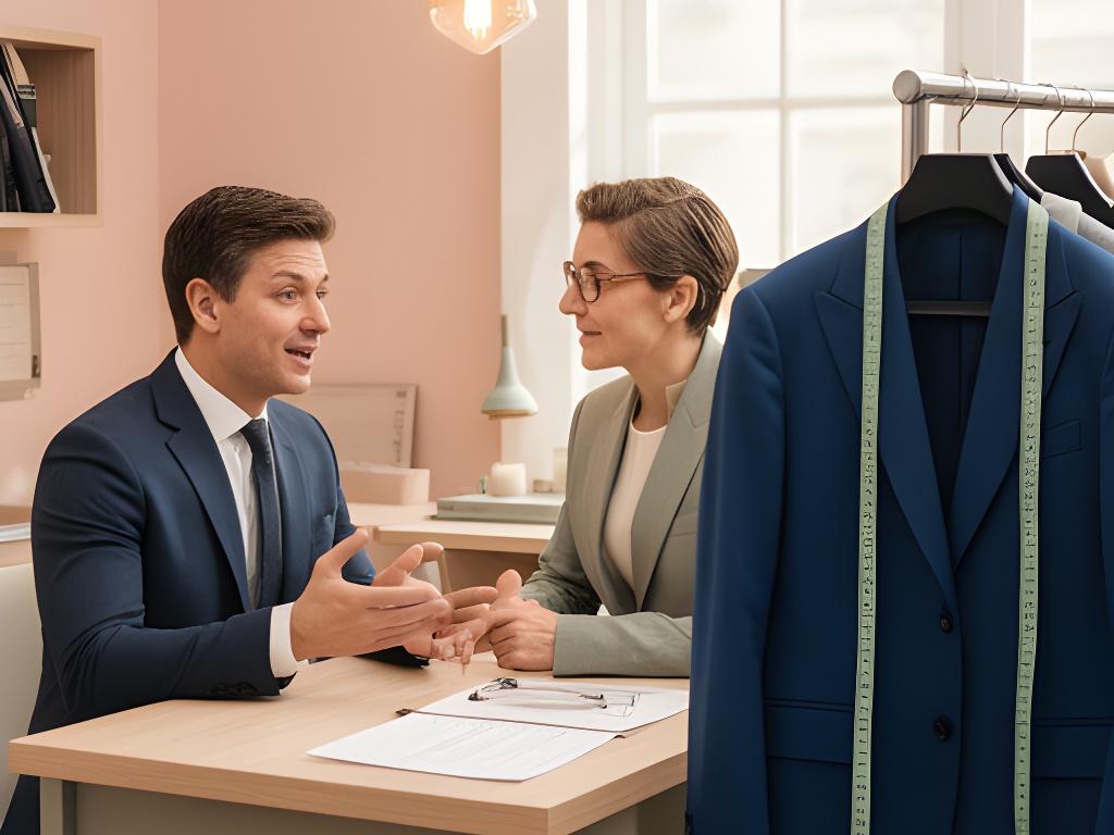 Tailor welcoming a customer at a fitting desk with a suit jacket ready for measurement
