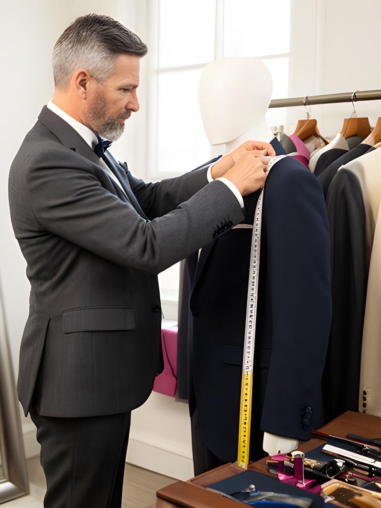 Tailor taking a jacket measurement during a private consultation in a bright fitting room