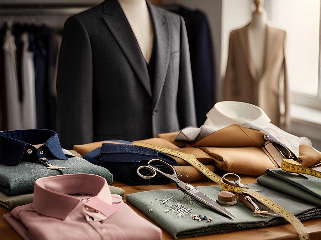 Neatly arranged suit fabrics, shirts, and tailoring tools in a Vale of Glamorgan studio