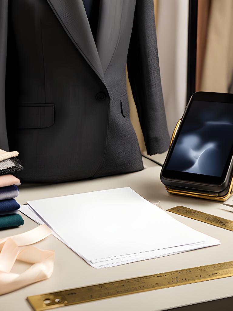 Tailor placing a finished garment bag beside a card payment terminal and order paperwork