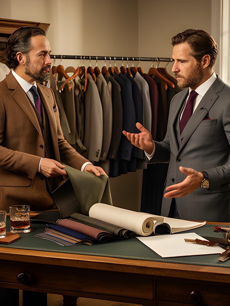 Two gentlemen discussing suit cloth beside a wooden fitting table in a refined tailoring studio
