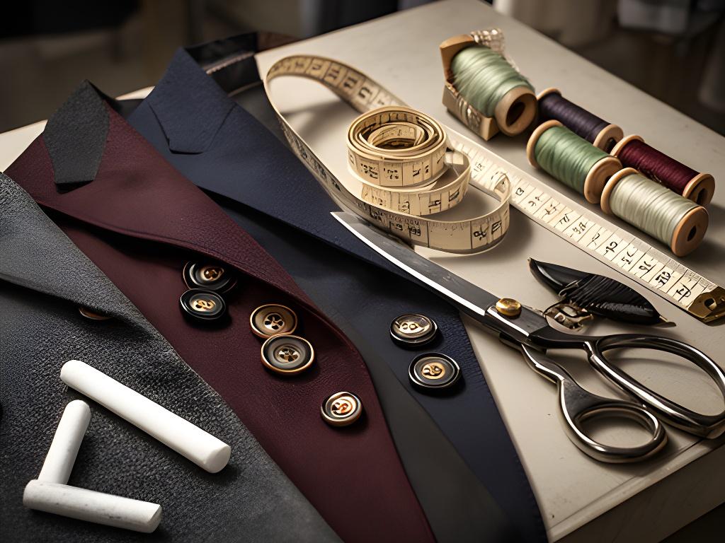 Close view of suit lapels, buttons, and measuring tape arranged on a tailoring table
