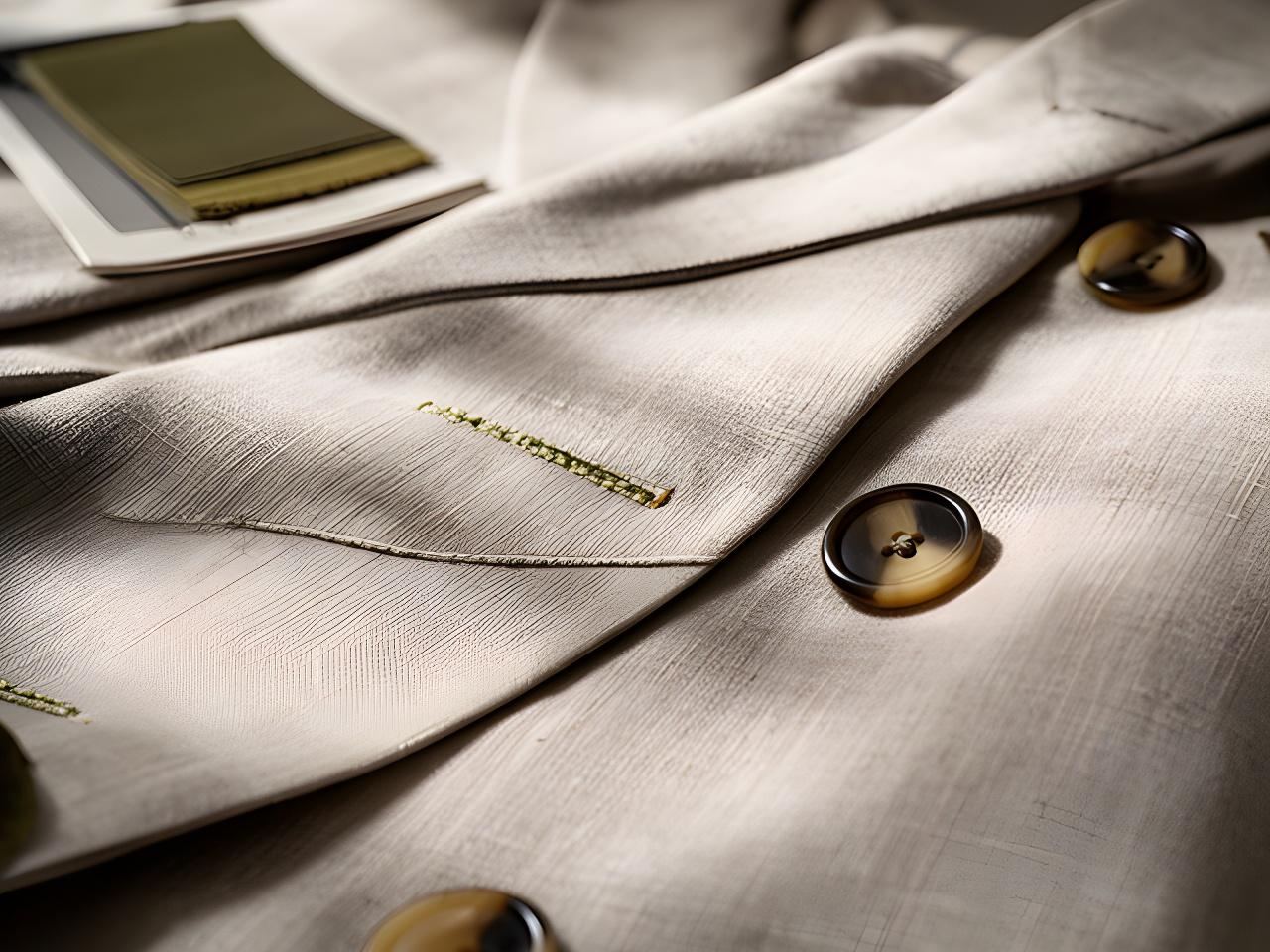 Close view of lightweight linen tailoring with horn buttons and hand-finished lapel