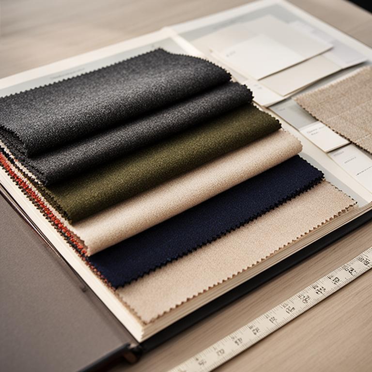 Open cloth swatch book showing charcoal, olive and midnight blue suit fabrics