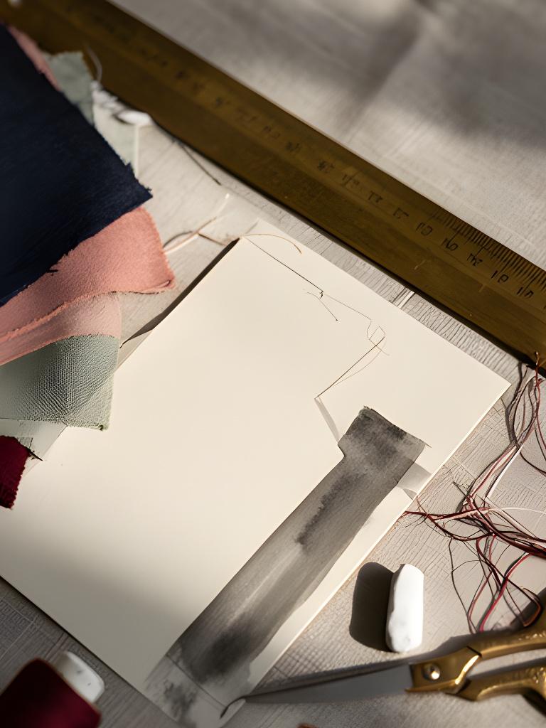 Close view of a handwritten tailoring enquiry beside fabric swatches and a brass ruler