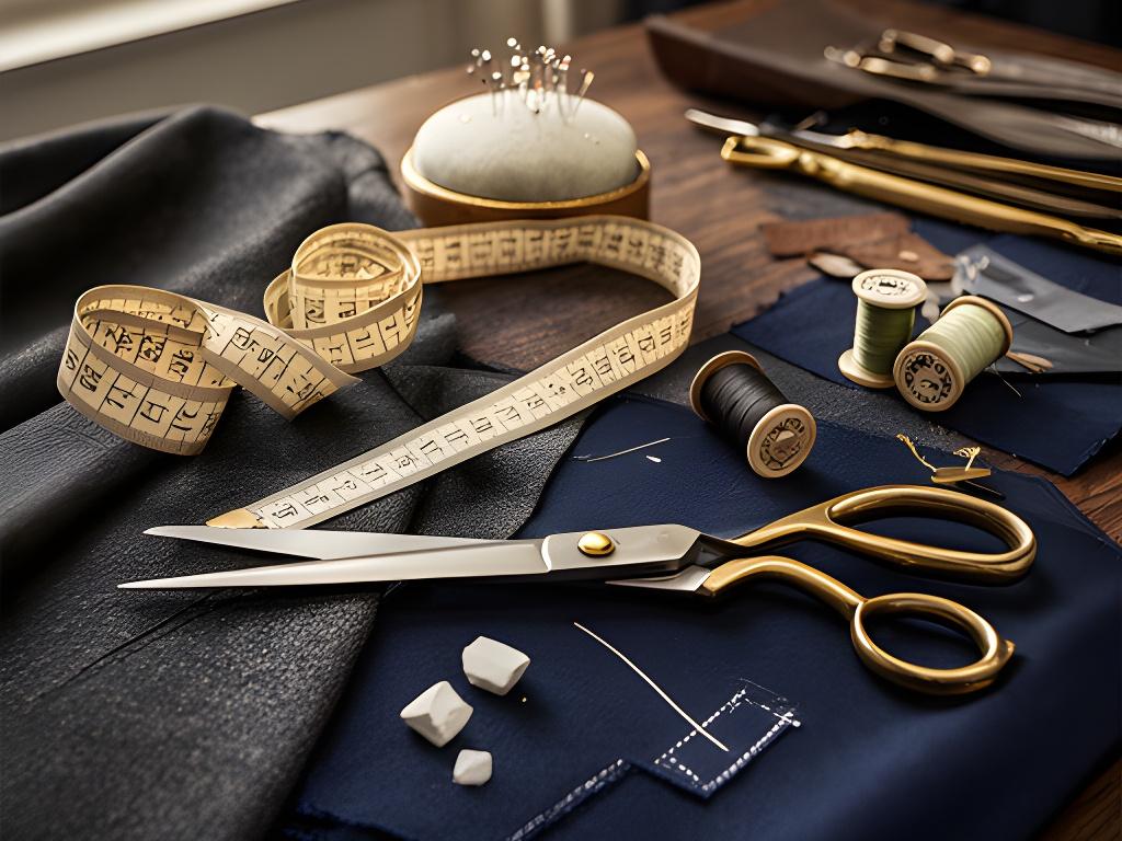 Close view of a measuring tape, tailor scissors, and suit cloth on a workroom table