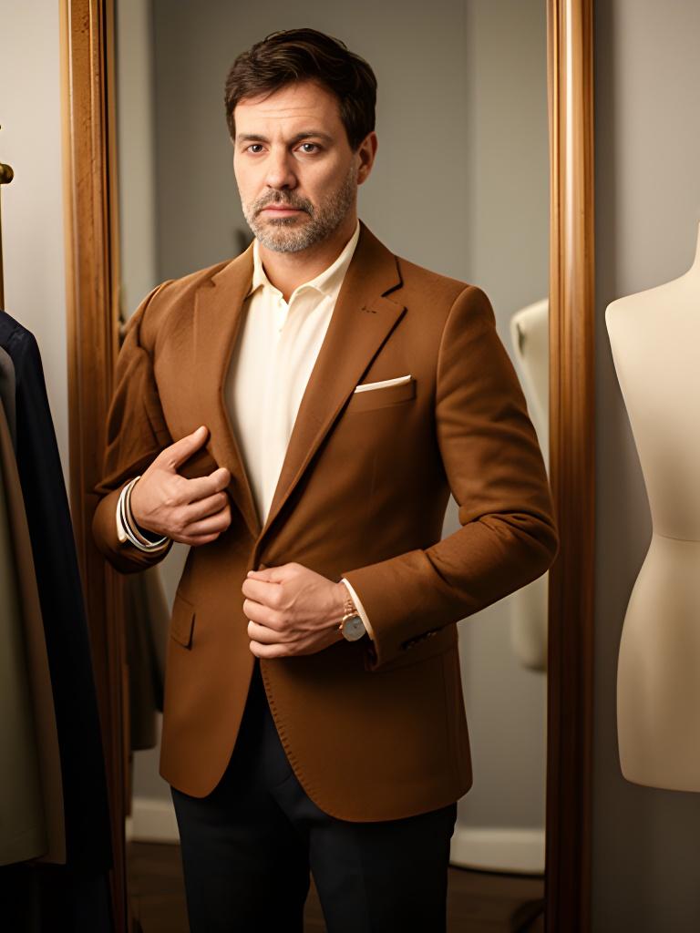 Man checking the fit of a brown tailored jacket in a softly lit fitting room