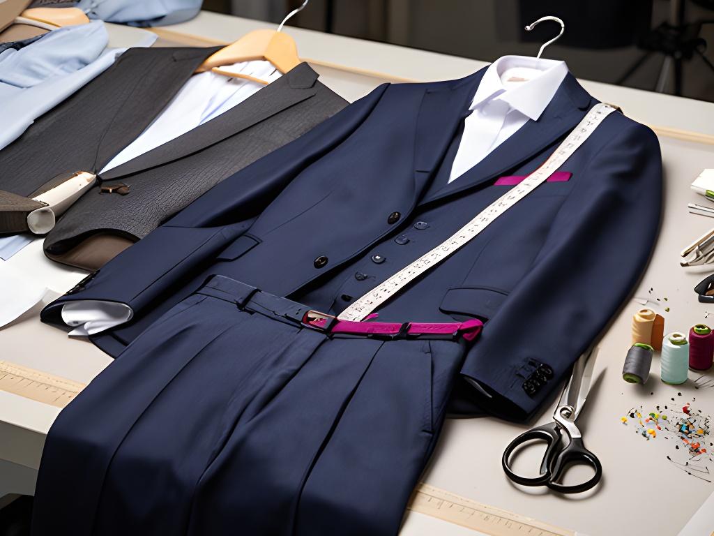 Neatly arranged menswear jacket, trousers, shirt, and measuring tape in a tailoring studio