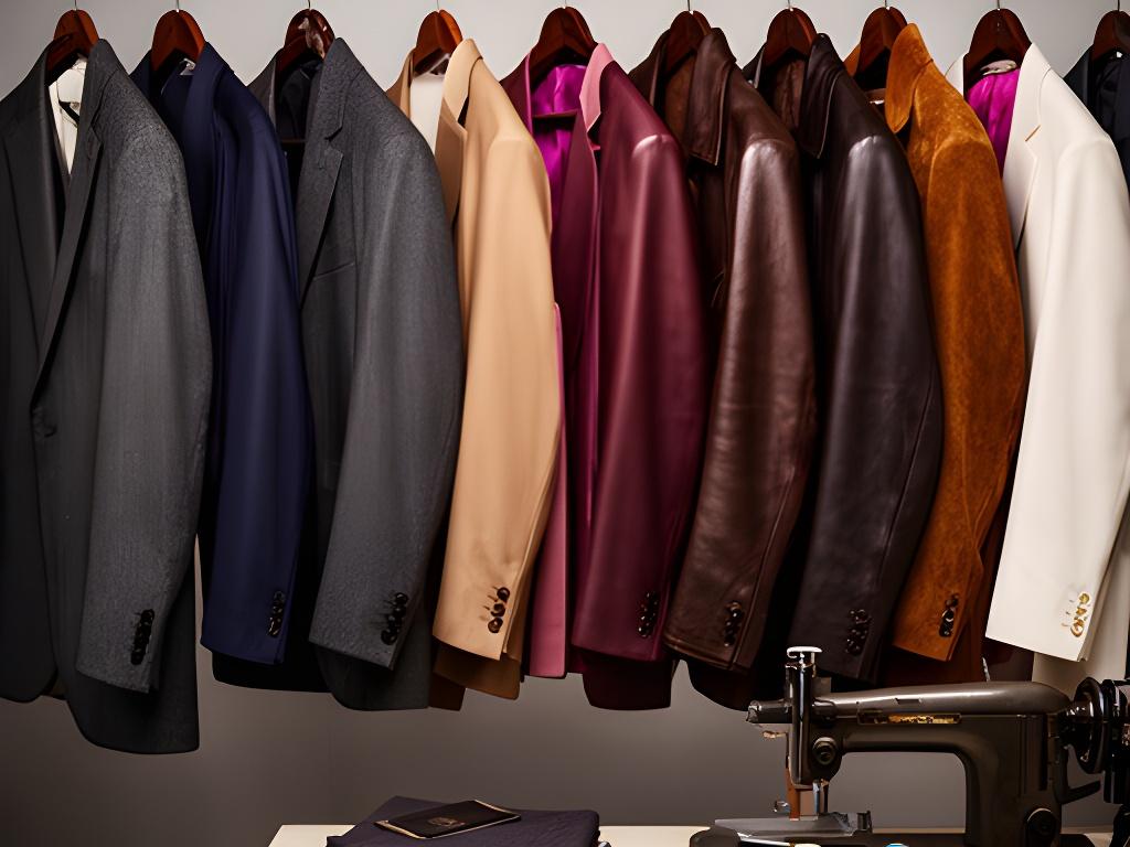 Selection of tailored suit jackets and leather garments hanging in an alterations studio