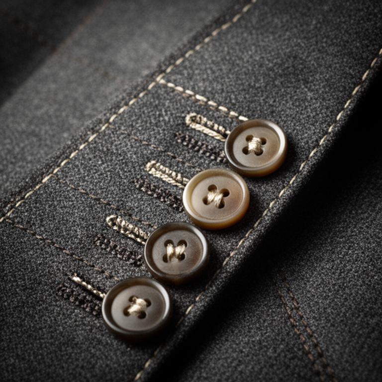 Close view of hand-sewn buttonholes and pick stitching on a charcoal suit