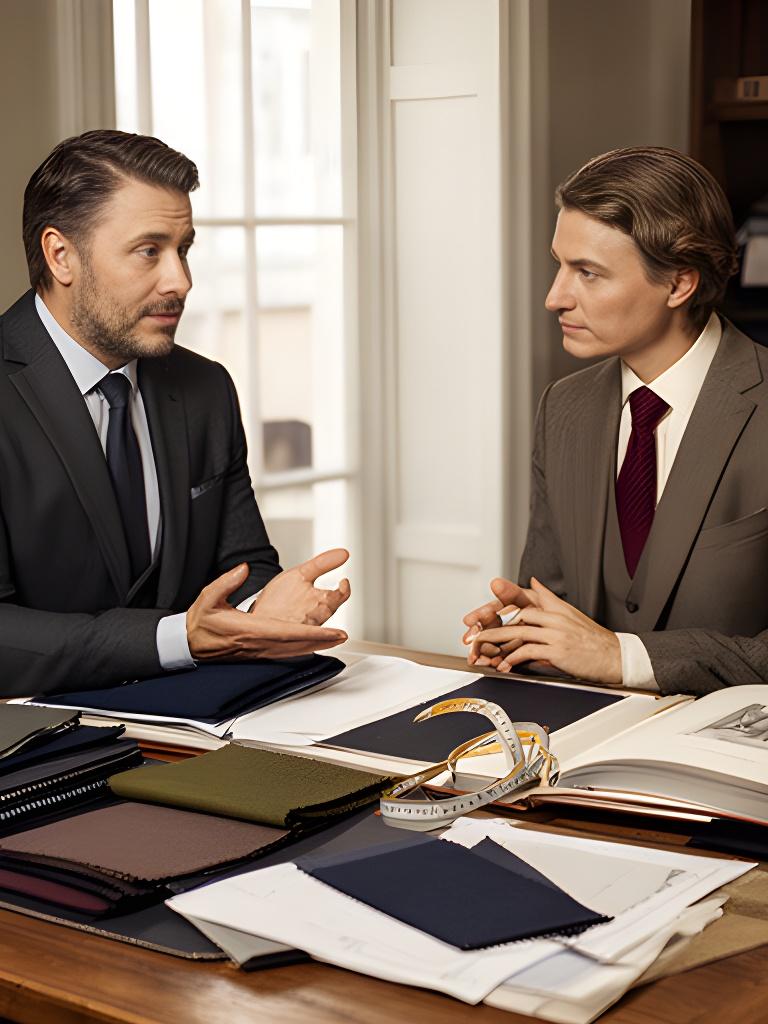 Customer discussing suit proportions with a tailor beside fabric books