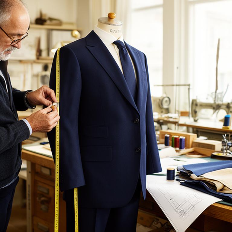 Tailor measuring a navy suit jacket in a bright Barry workshop