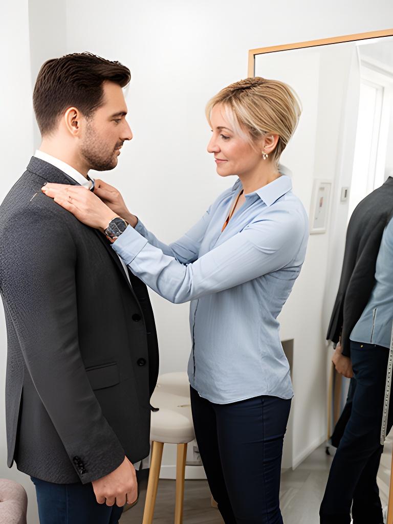 Tailor fitting a customer in a charcoal jacket beside a full-length mirror