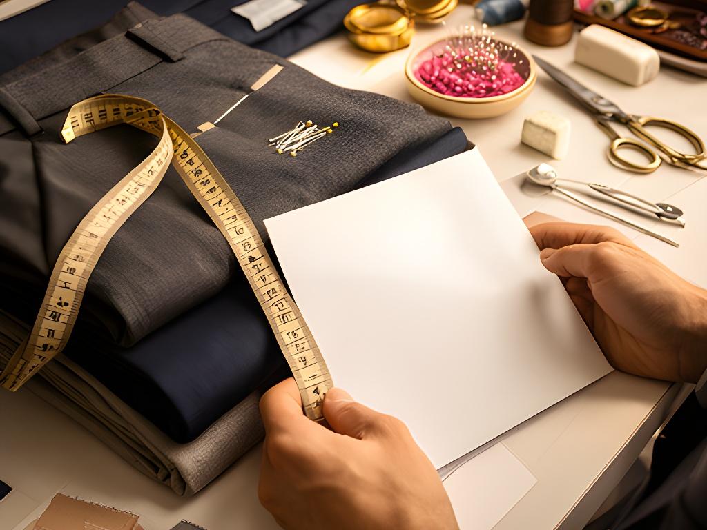 Tailor writing an alteration estimate beside folded trousers and a measuring tape