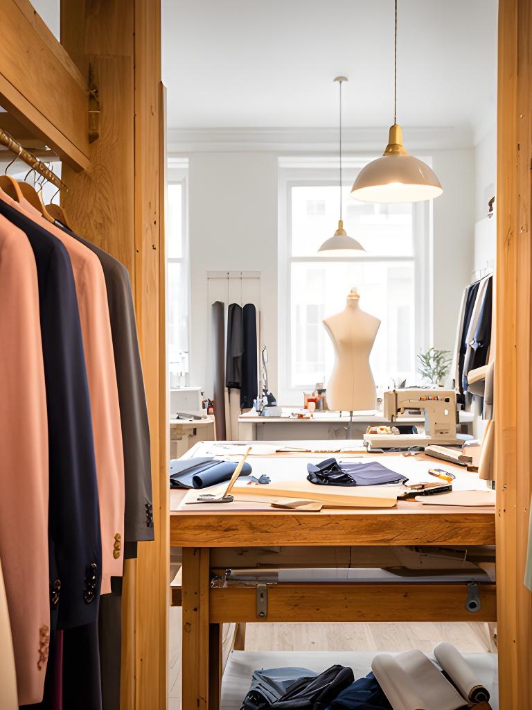 Tailoring workshop on Peterswell Road with suit jackets, wooden hangers, and a large cutting table