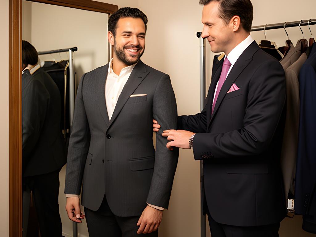 Customer checking the fit of a tailored charcoal suit jacket beside a tailor in a private fitting room