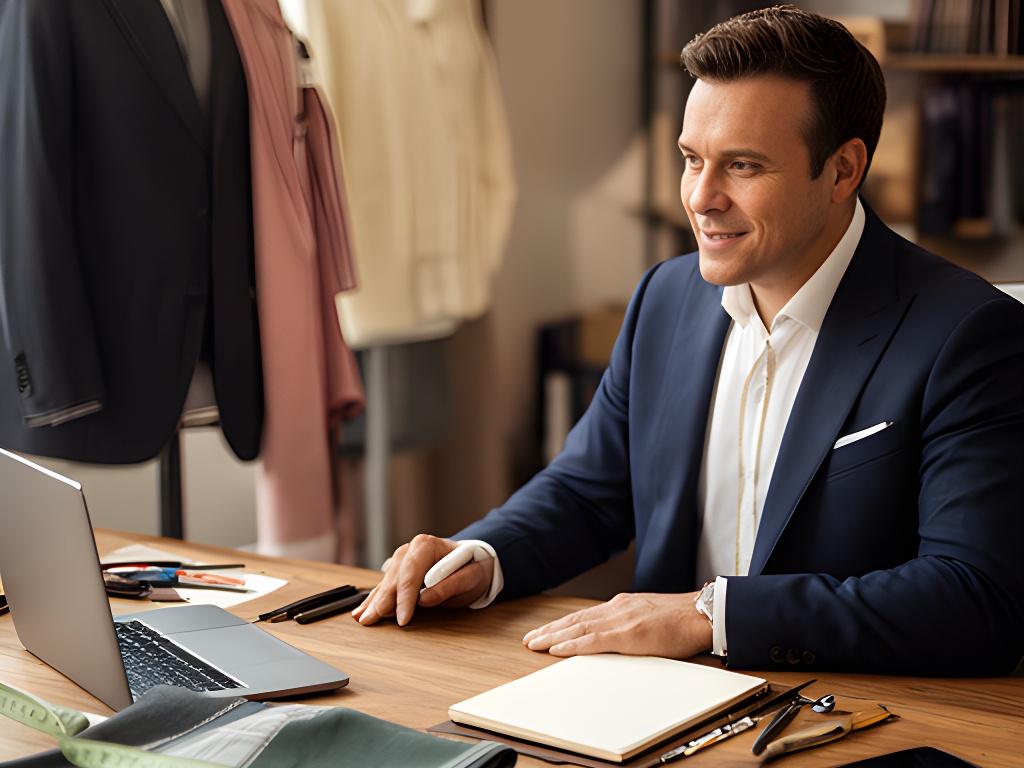 Tailor answering a client enquiry at a desk in a Barry menswear workshop
