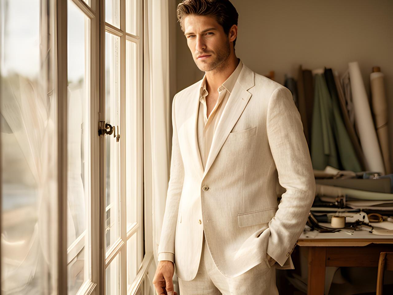 Man wearing a pale linen suit beside a sunlit Barry studio window