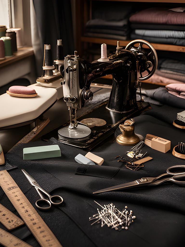 Tailoring workshop with sewing machine, chalk, pressing equipment, and charcoal suit cloth