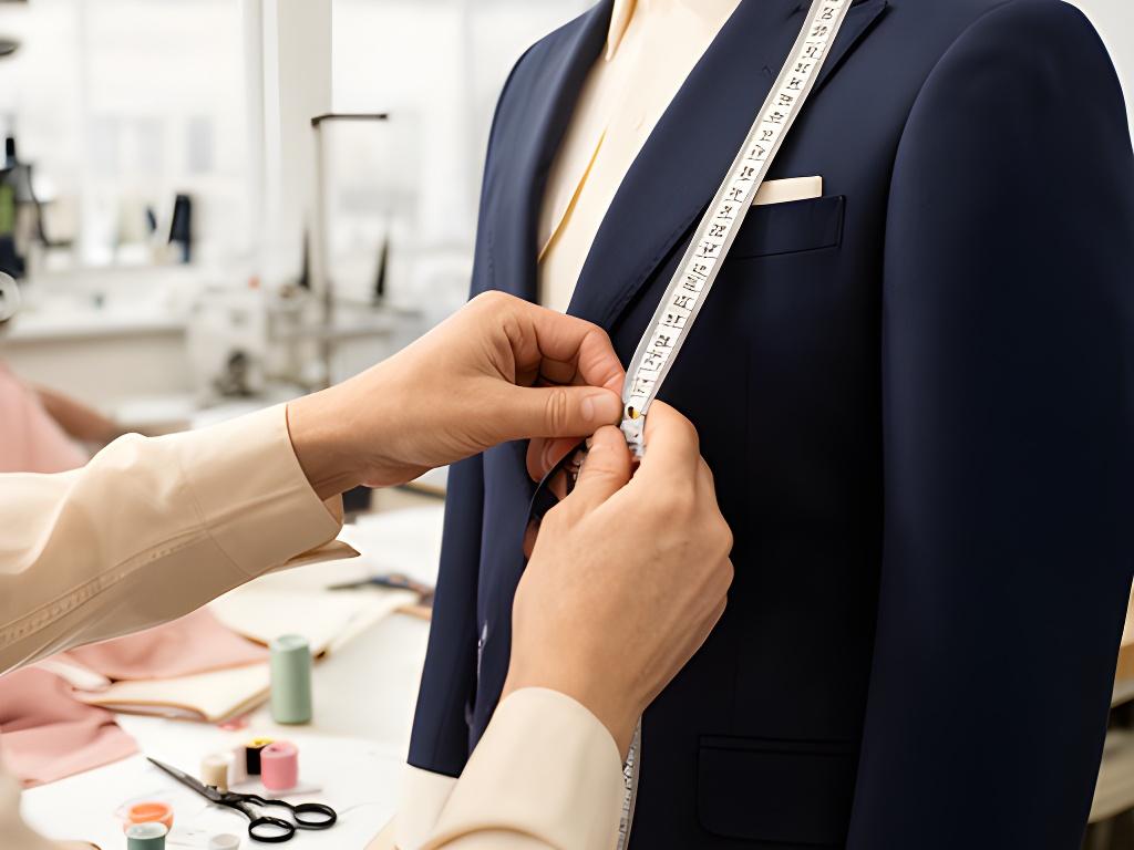 Tailor measuring a navy suit jacket in a bright Barry workshop