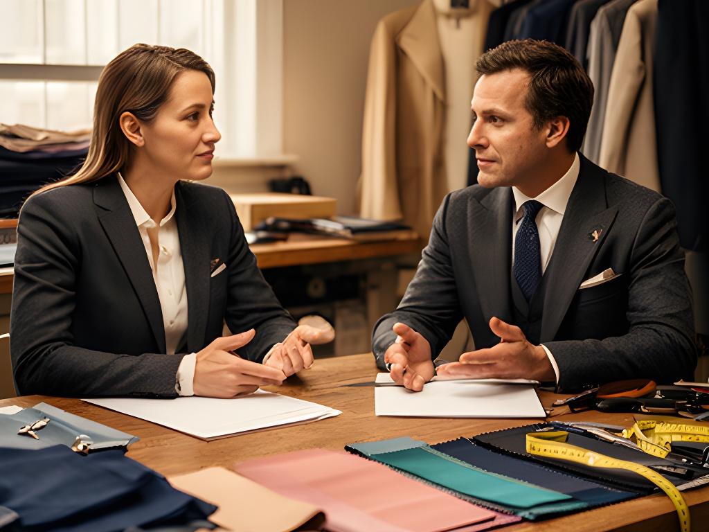 Client discussing a suit fitting with a tailor across a workshop table