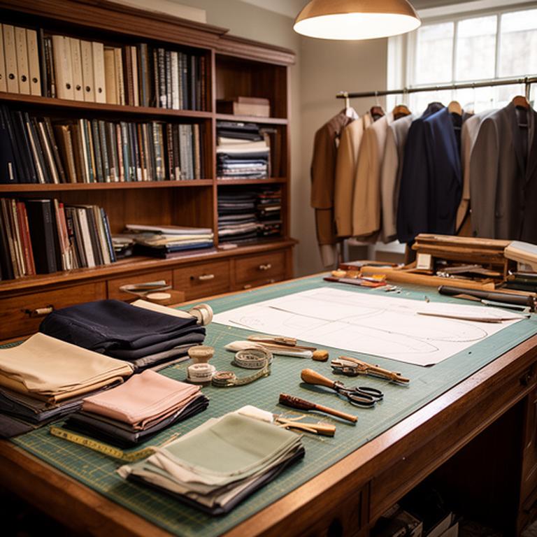 Organised tailoring workroom with cloth books, cutting table, and hand tools in Barry
