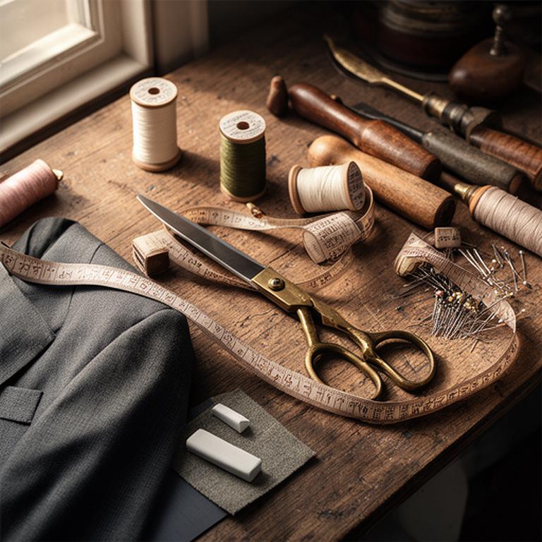 Tailoring shears, measuring tape and thread arranged on a wooden workshop bench