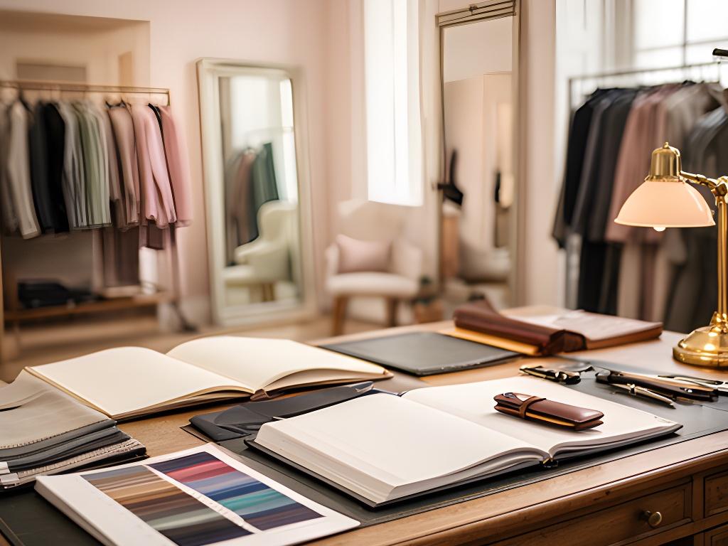 Quiet tailoring showroom with a desk, fabric books, and a printed appointment diary