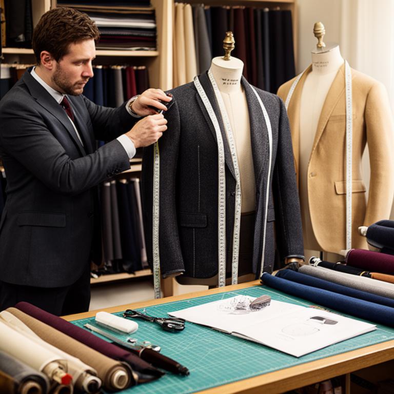 Tailor taking precise jacket measurements beside rolls of British and Italian cloth